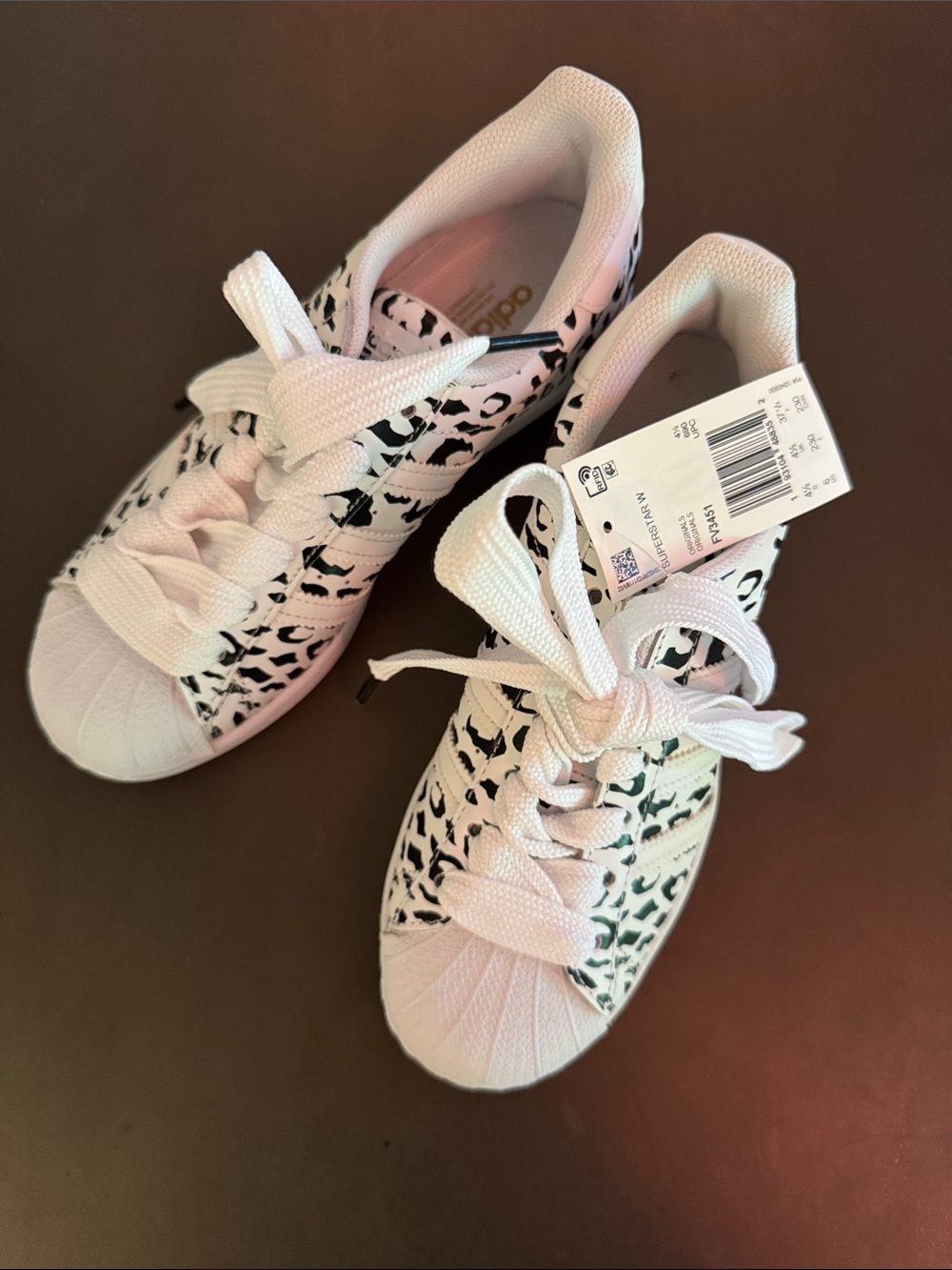 adidas White & Black Leopard Print Shell-Toe Sneakers
